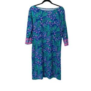 Lilly Pulitzer Tropical Resort Beach Vacation Blue & Pink Stretchy Shirt Dress